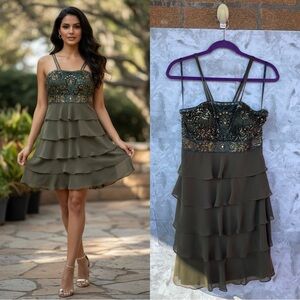 Sue Wong Nocturne Olive Beaded Tiered Dress | Whimsigoth Art Deco Core | Size 6